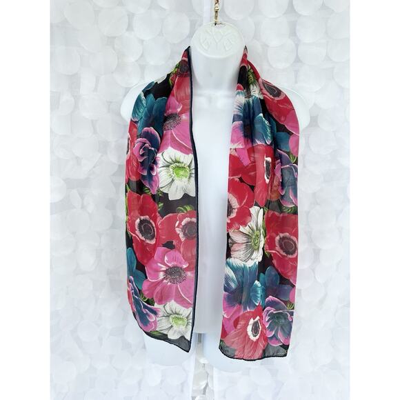 Vintage Anne Klein 100% Silk Scarf JAPAN Floral ANEMONE Red Pink Blue Elegant - Picture 1 of 6